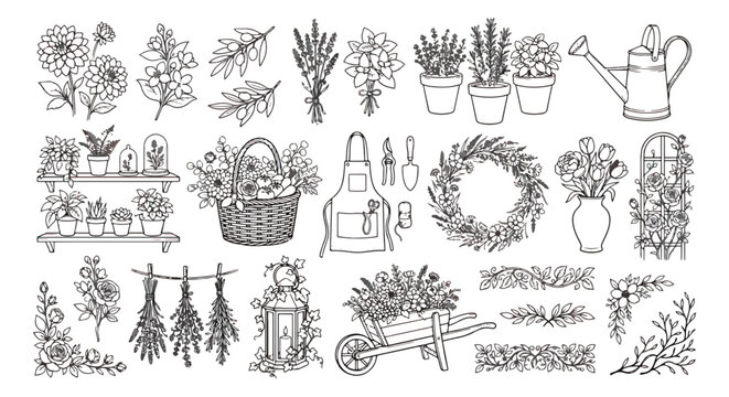 Hand drawn gardening line art collection, floral botanical vector icons set, rustic garden tools and flower arrangements for spring wedding stationery