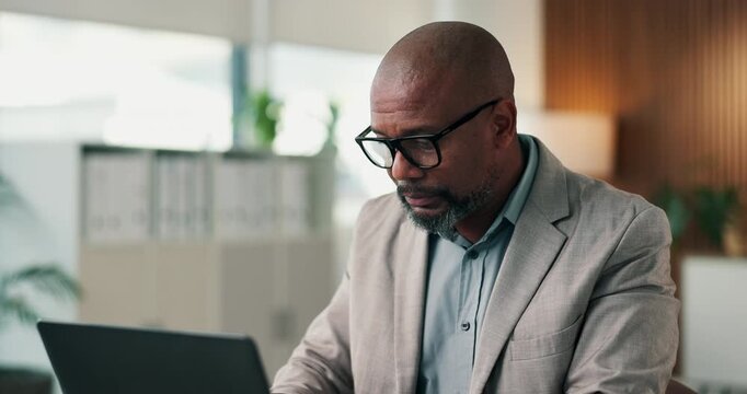 Office, glasses and business man with laptop for bookkeeping, financial report or audit review. Accountant, mature black person and eyewear with tech for payroll, risk management and accounting admin