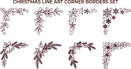Christmas line art corner borders set with snowflakes holly berries mistletoe stars. © Sadhin