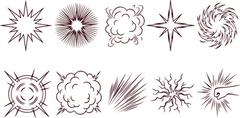Comic book explosion and impact effects, action sound effect illustrations, starburst, boom, speed lines. © Sadhin