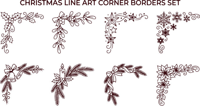 Christmas line art corner borders set with snowflakes holly berries mistletoe stars.