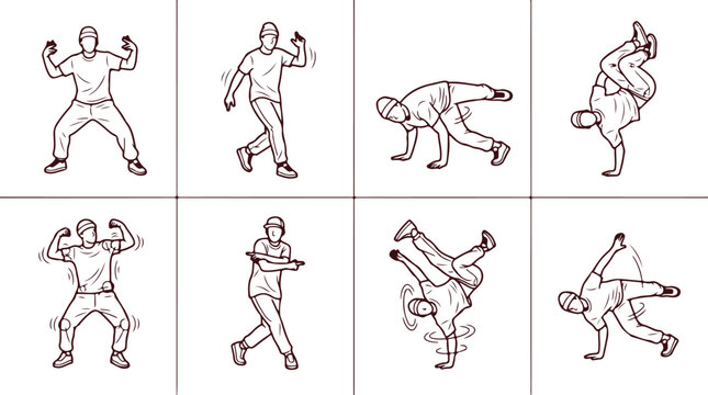 Breakdance dancers set performing various moves and poses, dynamic hip hop dance, vector line art.