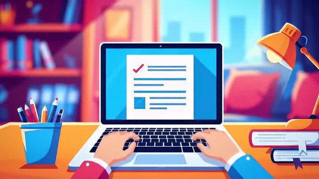Cartoon illustration of working on a laptop with bookshelf and lamp background