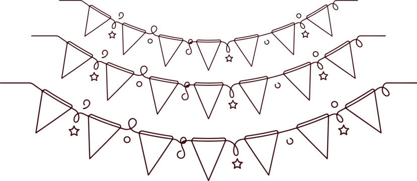 Party bunting flags and garlands with stars and circles for decoration, festive celebration, vector elements.