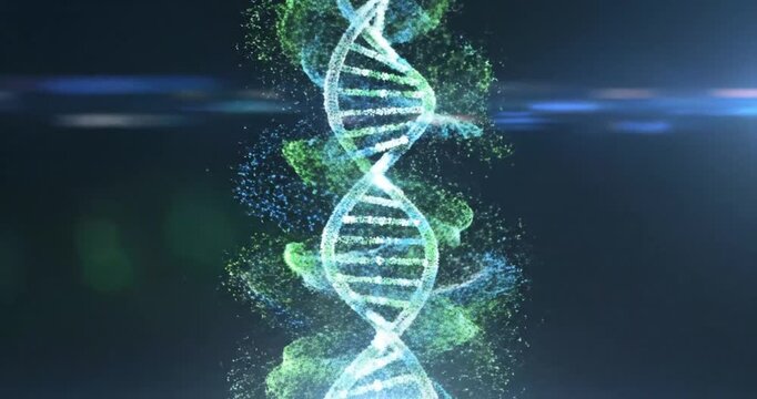 Abstract representation of DNA structure illuminated by vibrant colors in a cosmic background
