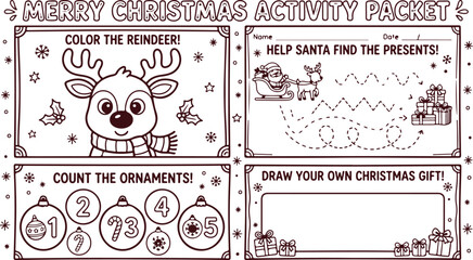 Merry Christmas activity packet for kids, coloring, counting, maze, and drawing pages with reindeer and gifts. © Sadhin