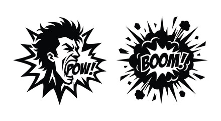 Comic book explosion and shouting face silhouettes on white background © Rakib
