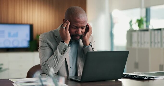 Laptop, massage and business man with headache for difficult audit, finance error or overwhelmed. Accountant, mature black person or migraine with tech at firm for filing crisis, workload or pressure