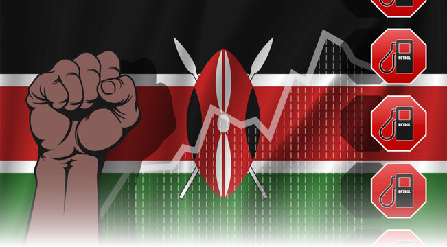 Vector flag of Republic of Kenya. Clenched fist in protest. Red octagonal gas pump sign. Fuel price increase graph.