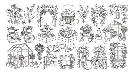 Vintage garden line art collection, hand drawn botanical greenhouse and farm elements, rustic gardening tools and floral vector set for coloring © Ali