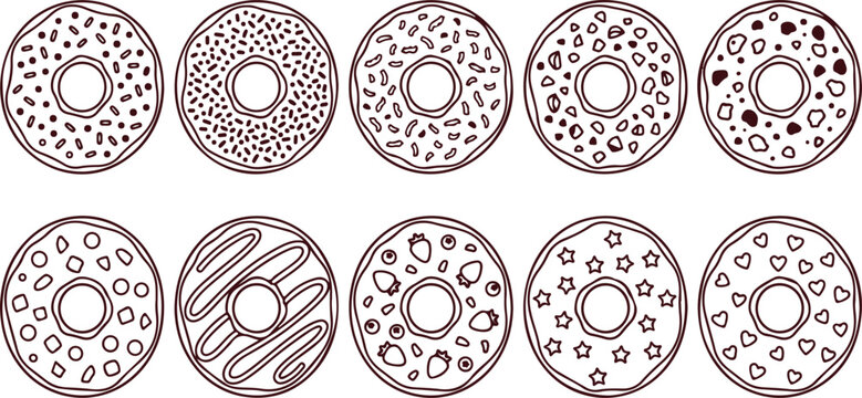Set of linear outline donuts with different sprinkles and decorations on transparent background, sweet bakery and dessert collection.