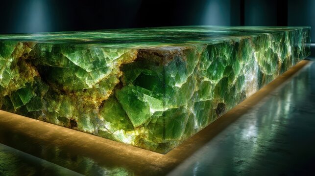 Angled view of green onyx pattern slab with rough crystalline edge. Backlit translucent stone texture with polished top and emerald veining for luxury interiors.