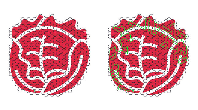 Red circular emblem with white outlines. Green leafy pattern overlays one side. Symmetrical design suggests balance or duality. Ideal for brand logos or cultural motifs
