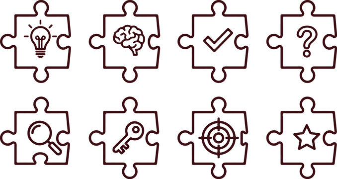 Puzzle pieces with icons representing ideas, brain, checkmark, question mark, search, key, target, and star for solutions.