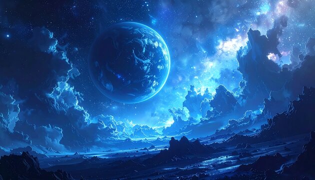 A breathtaking cosmic vista presents a celestial orb amidst swirling clouds in a vivid, luminous night sky, illuminated in hues of blue