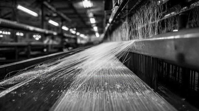 A black and white photo of a large industrial loom in operation with threads being woven into fabric