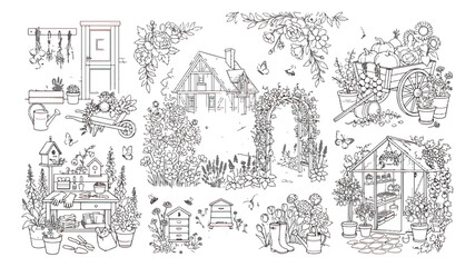 Obraz premium Vintage garden line art collection, rustic cottage and greenhouse illustrations, hand drawn gardening elements set for coloring book and stationery