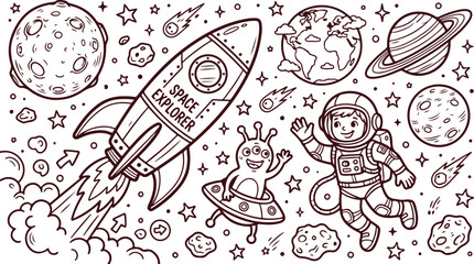 Space explorer rocket ship with astronaut and alien in outer space for kids galaxy coloring book page artistic design set. © Sadhin