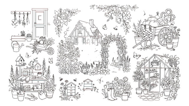 Vintage garden line art collection, rustic cottage and greenhouse illustrations, hand drawn gardening elements set for coloring book and stationery