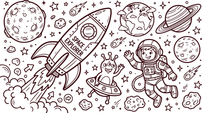 Space explorer rocket ship with astronaut and alien in outer space for kids galaxy coloring book page artistic design set.