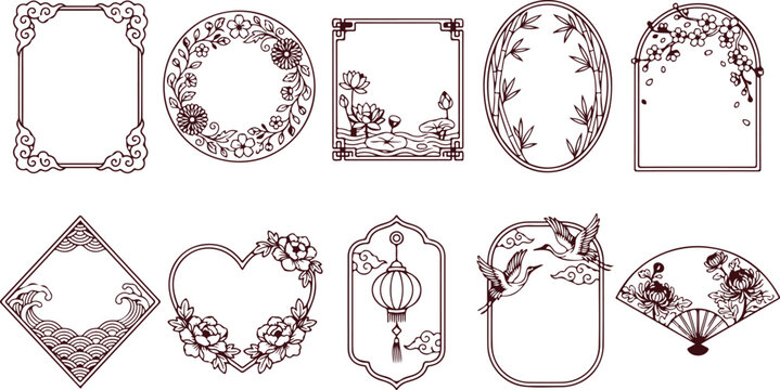 Collection of ten traditional chinese ornate decorative frames and borders with floral and natural elements, elegant design.