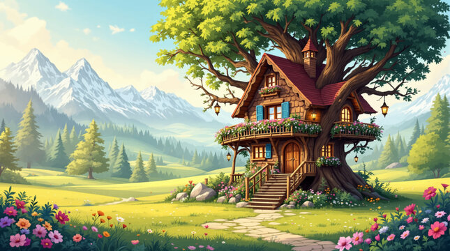 Colorful fantasy treehouse landscape illustration. Scenic mountain treehouse vector art design. Detailed whimsical treehouse with sunny forest