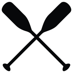Two crossed oars silhouette, rowing boat paddles for water sports.