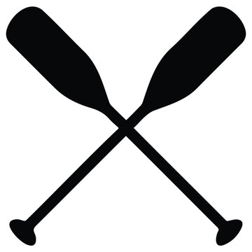 Two crossed oars silhouette, rowing boat paddles for water sports.
