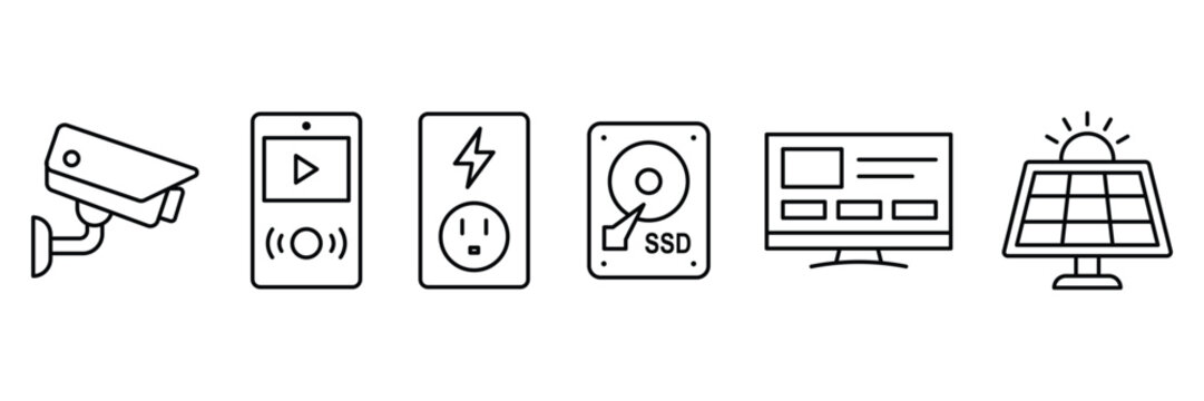 Modern technology device collection, security camera media player smart socket ssd storage web interface solar energy line icons.