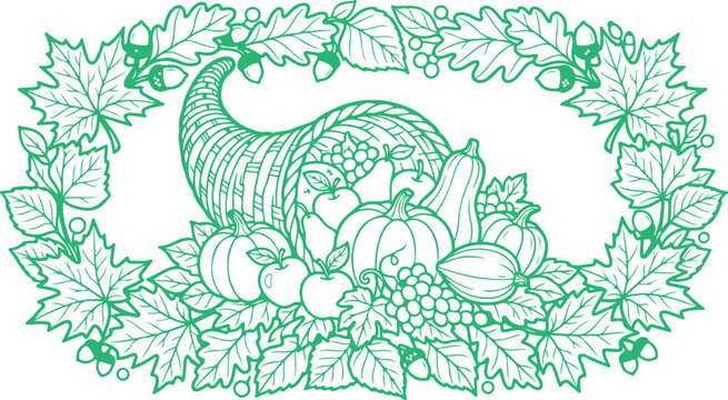 Cornucopia overflowing with autumn harvest vegetables and fruits, Thanksgiving celebration symbol, decorative border.