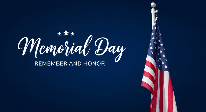American flag waving at half mast for Memorial Day remembrance and honor against dark blue sky