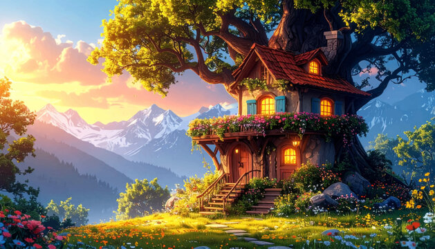 Sunset romantic treehouse vector illustration. Cozy mountain treehouse glowing in sunlight. Whimsical treehouse with enchanting scenery