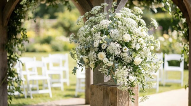 Elegant White Trachelium Throatwort Wedding Flower Arrangement, A Luxurious Floral Display for a Cinematic Outdoor Ceremony Setting Featuring Lush White Roses and Delicate Greenery Accents.