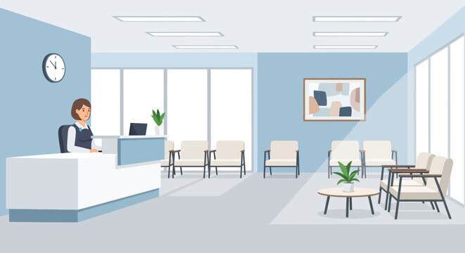 Modern Reception Area with Staff, Waiting Chairs, and Abstract Art