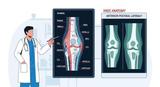 Medical professional explaining knee structure diagram