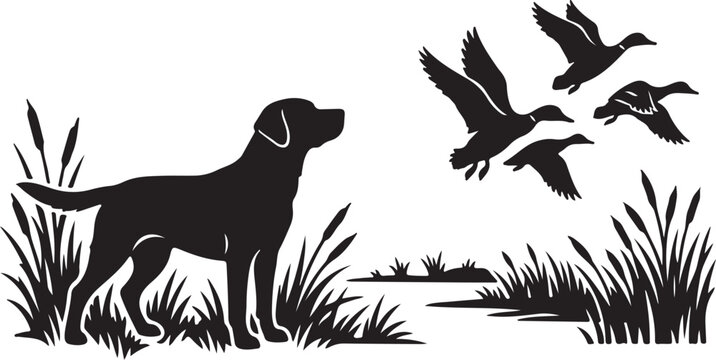 Black dog silhouette, hunting dog, labrador retriever, wildlife hunting, outdoor scene, vector icon