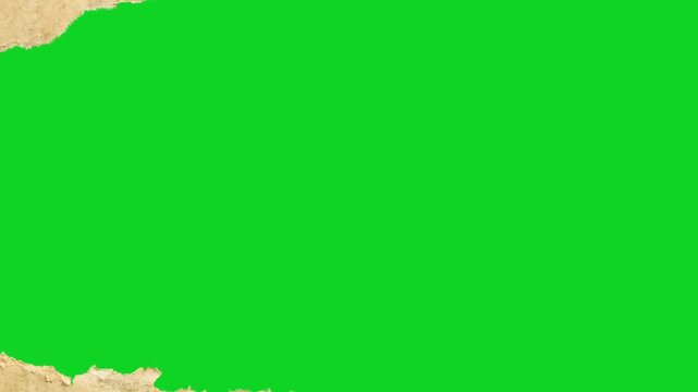 Torn vintage aged yellow paper layout revealing animated on a green screen chroma key background. It gives a high quality professional template design element for video compositing motion