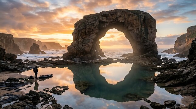 A lone person standing on a rocky beach by a large natural stone arch during a beautiful golden sunset with ocean waves and reflections in the calm tide pools