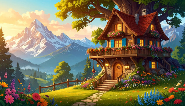 Warm sunset treehouse fantasy illustration. Cozy wooden treehouse with glowing windows. Whimsical romantic treehouse in scenic view