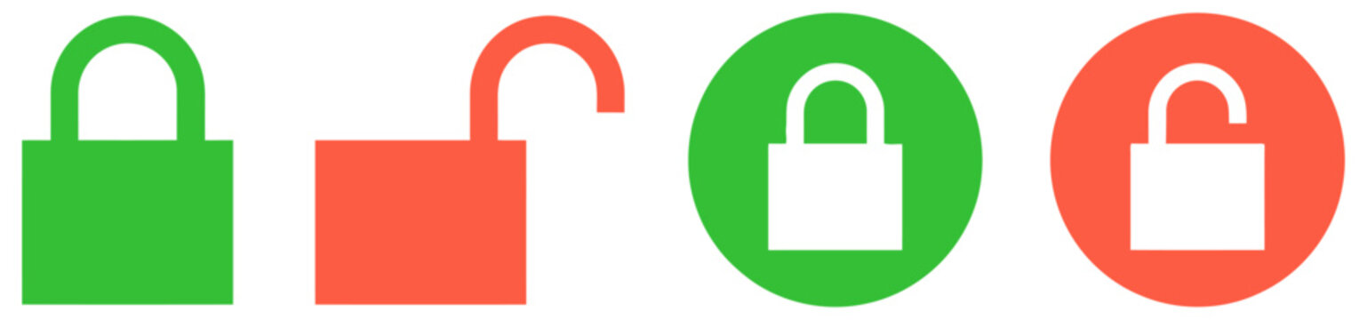 Four distinct padlock symbols shown as locked and unlocked states using vibrant green and red circular shapes along with flat silhouette icons representing security access and data