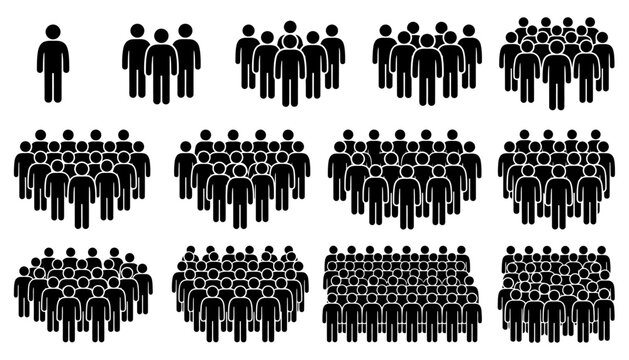 A collection of black silhouette icons representing groups of people in various sizes ranging from a single individual to large crowds organized in neat rows and organized gathering patterns