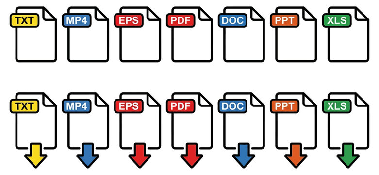 A collection of file format icons including document types like text video image and spreadsheet labels displayed as outline symbols with some featuring downward pointing download arrows