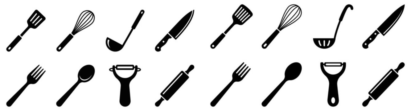A comprehensive collection of black icons depicting essential kitchen tools including knives whisks ladles spatulas forks spoons rolling pins and vegetable peelers arranged in rows
