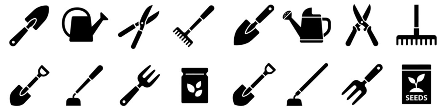 Set of black gardening tool icons featuring hand trowels pruning shears metal rakes watering cans shovels hoes cultivators and seed packets for professional agriculture or home work