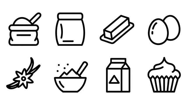Baking ingredients icons: flour jar butter eggs vanilla sugar milk cupcake with vanilla beans, container