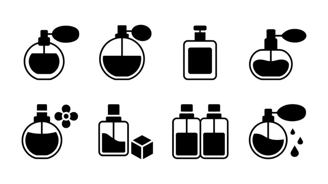 Collection of perfume bottle and fragrance icons with eau de parfum spray bottle fragrance cosmetic