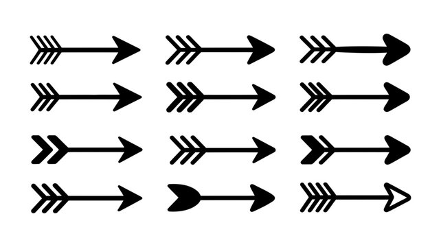 Collection of black arrow icons pointing right with varying fletching designs direction movement collection