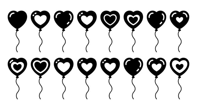 Set of black heart shaped balloons with strings valentine celebration illustration collection isolated