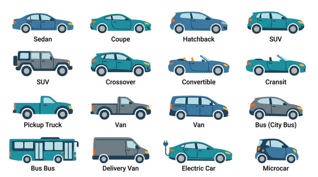 Collection of various car types and vehicles illustrated.