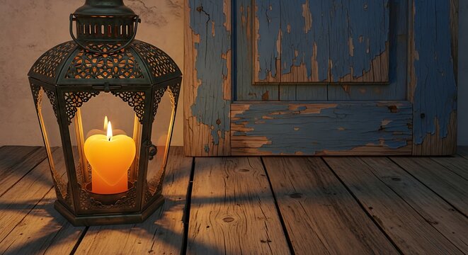 Glowing Candle Lantern Resting on Rustic Wooden Floor Beside Weathered Blue Door